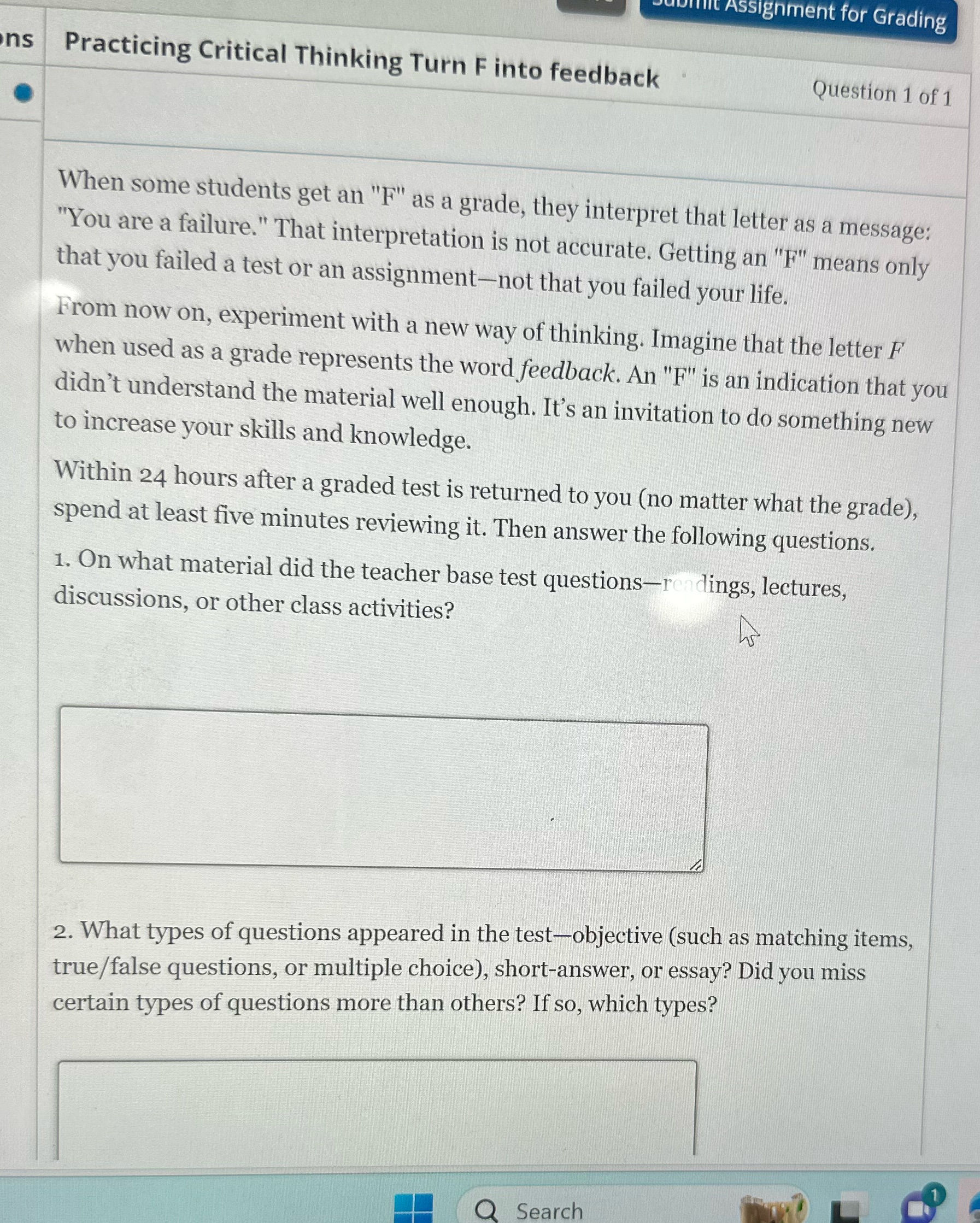 feedback Question 1 of 1 When some students get an "F" as