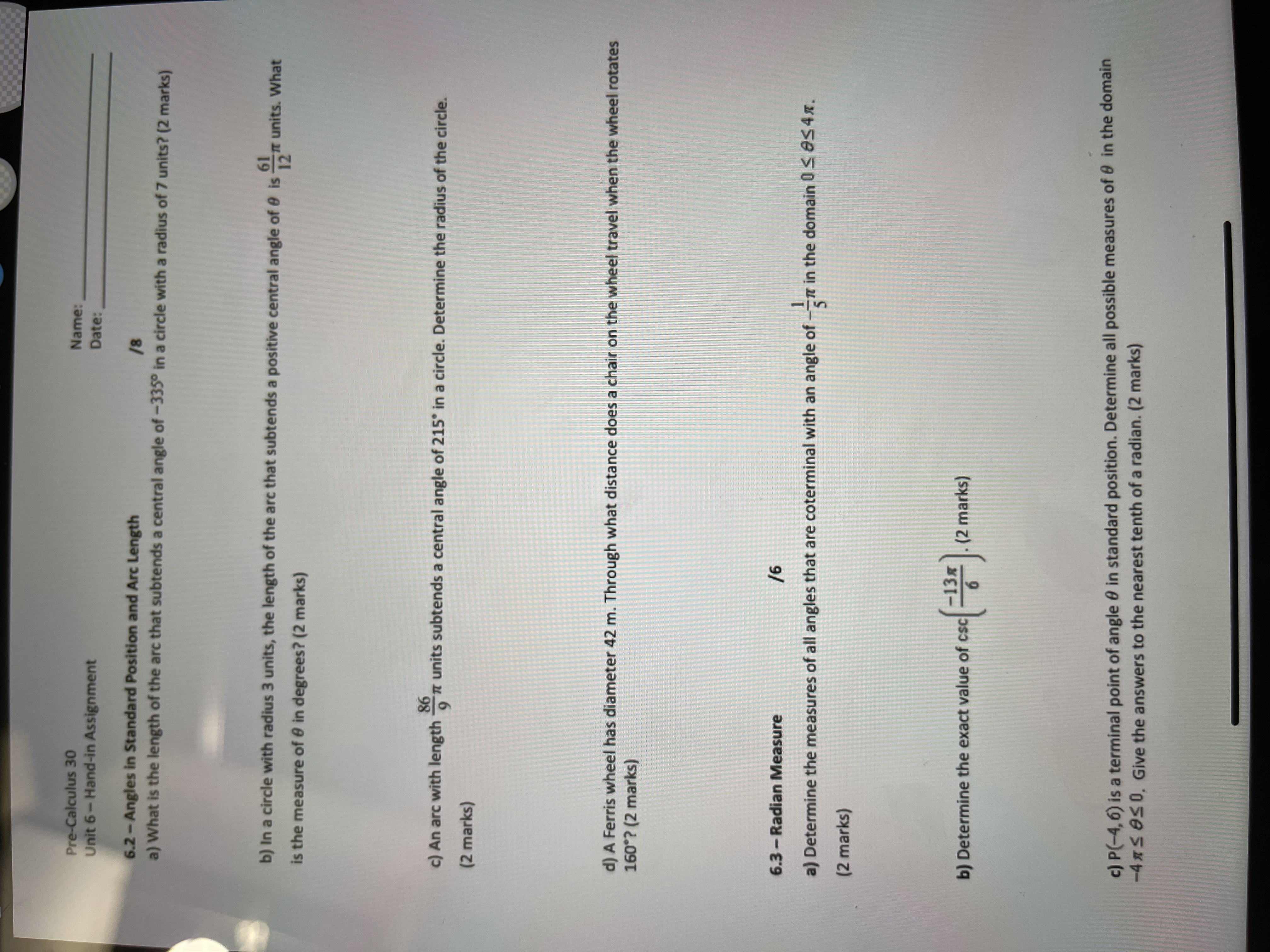  Pre-Calculus 30 Name: Unit 6 - Hand-in Assignment Date: 6.2 -