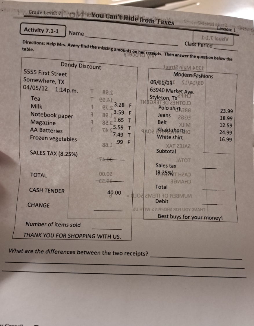 Hide from Taxeslast Lesson: 1 Activity 7.1-1 Name I-L.V IsuziV Class Period