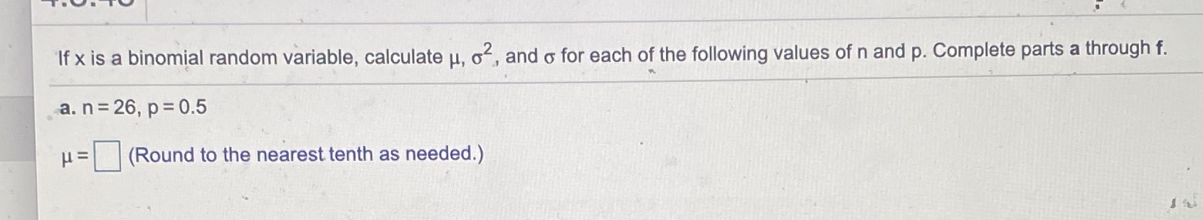 o for each of the following values of n and p. Complete