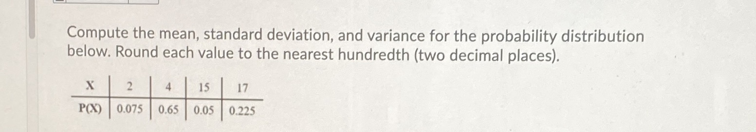 the probability distribution below. Round each value to the nearest hundredth (two