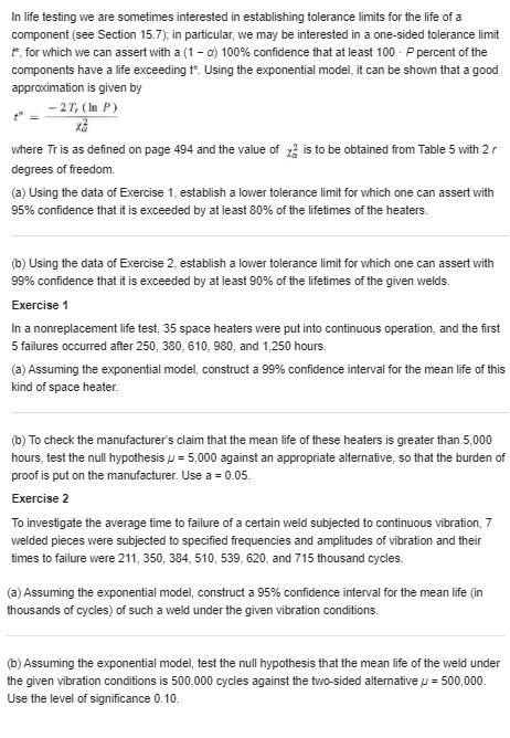 heaters. (b) Using the data of Exercise 2, establish a lower tolerance