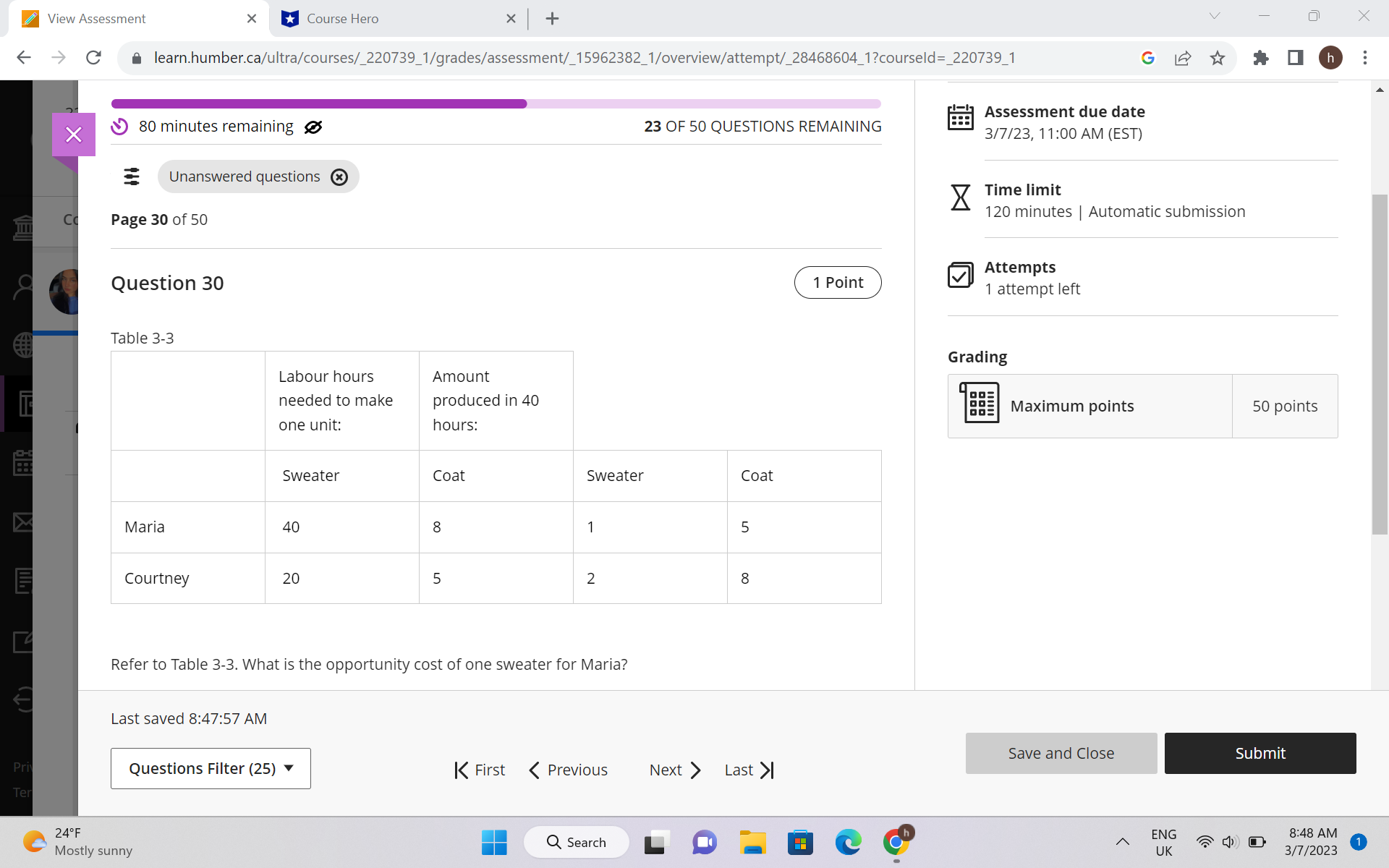 X 80 minutes remaining & 23 OF 50 QUESTIONS REMAINING 3/7/23, 11:00