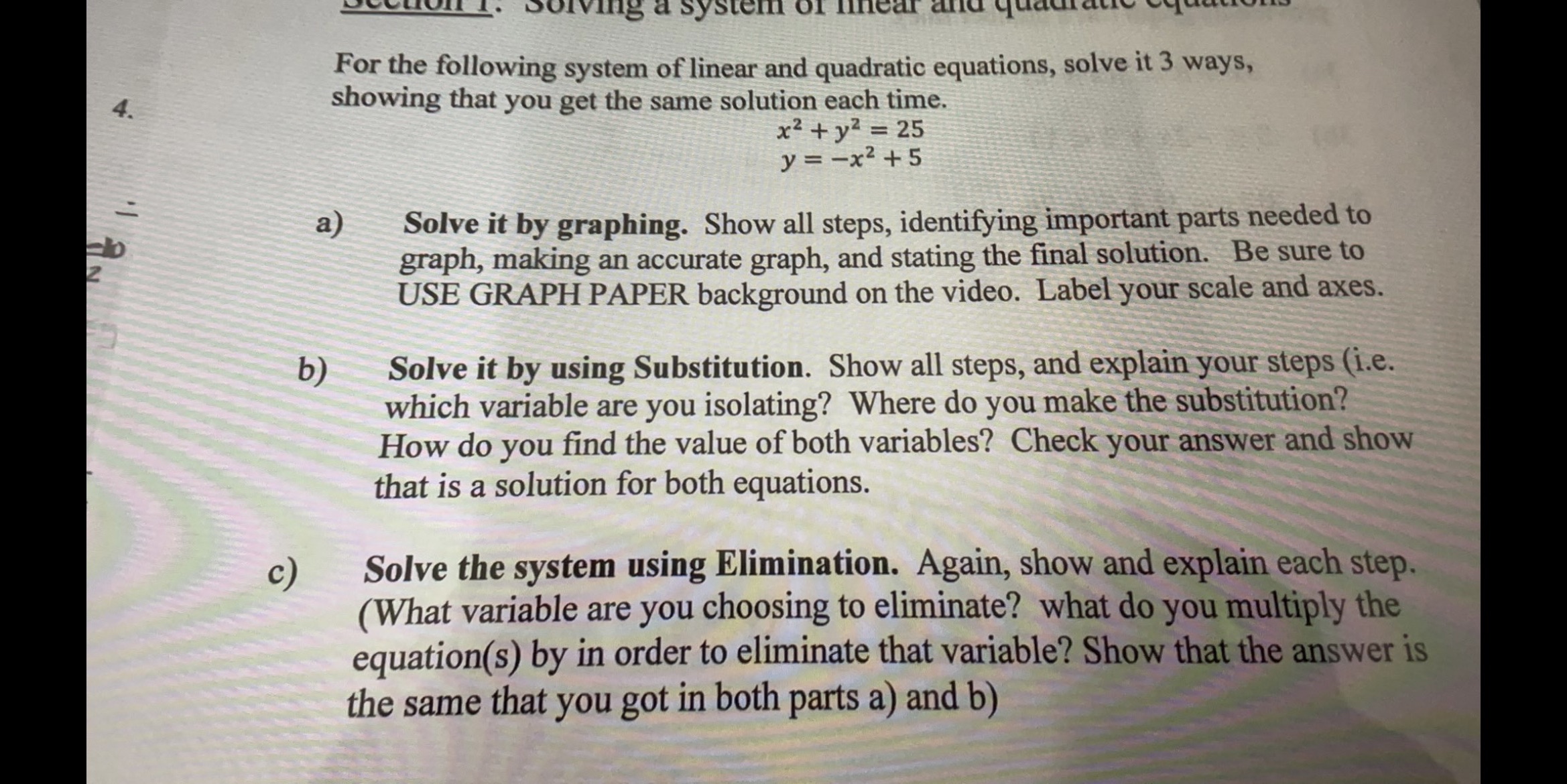 of linear and qu For the following system of linear and quadratic