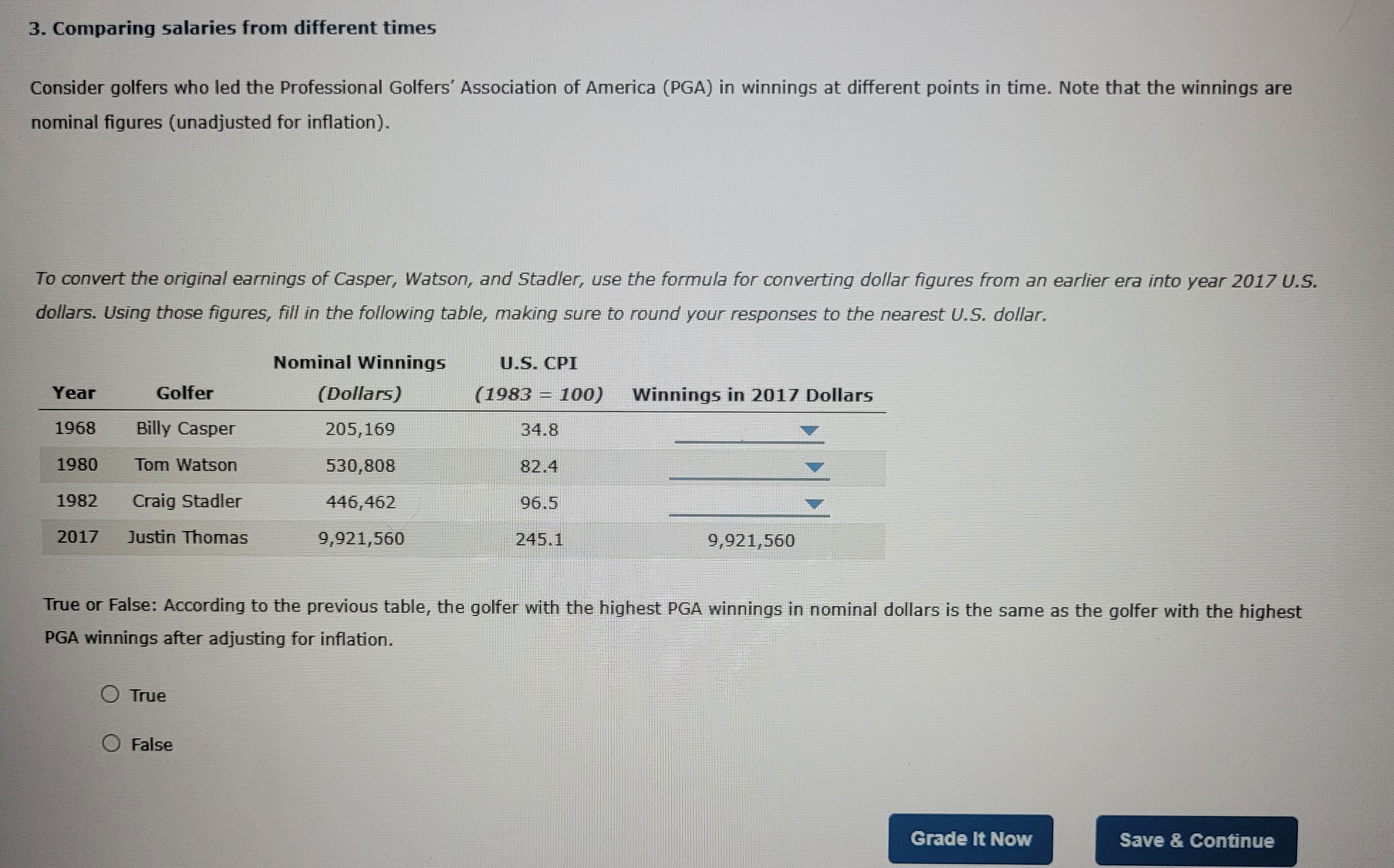  Question 3 3. Comparing salaries from different times Consider golfers who
