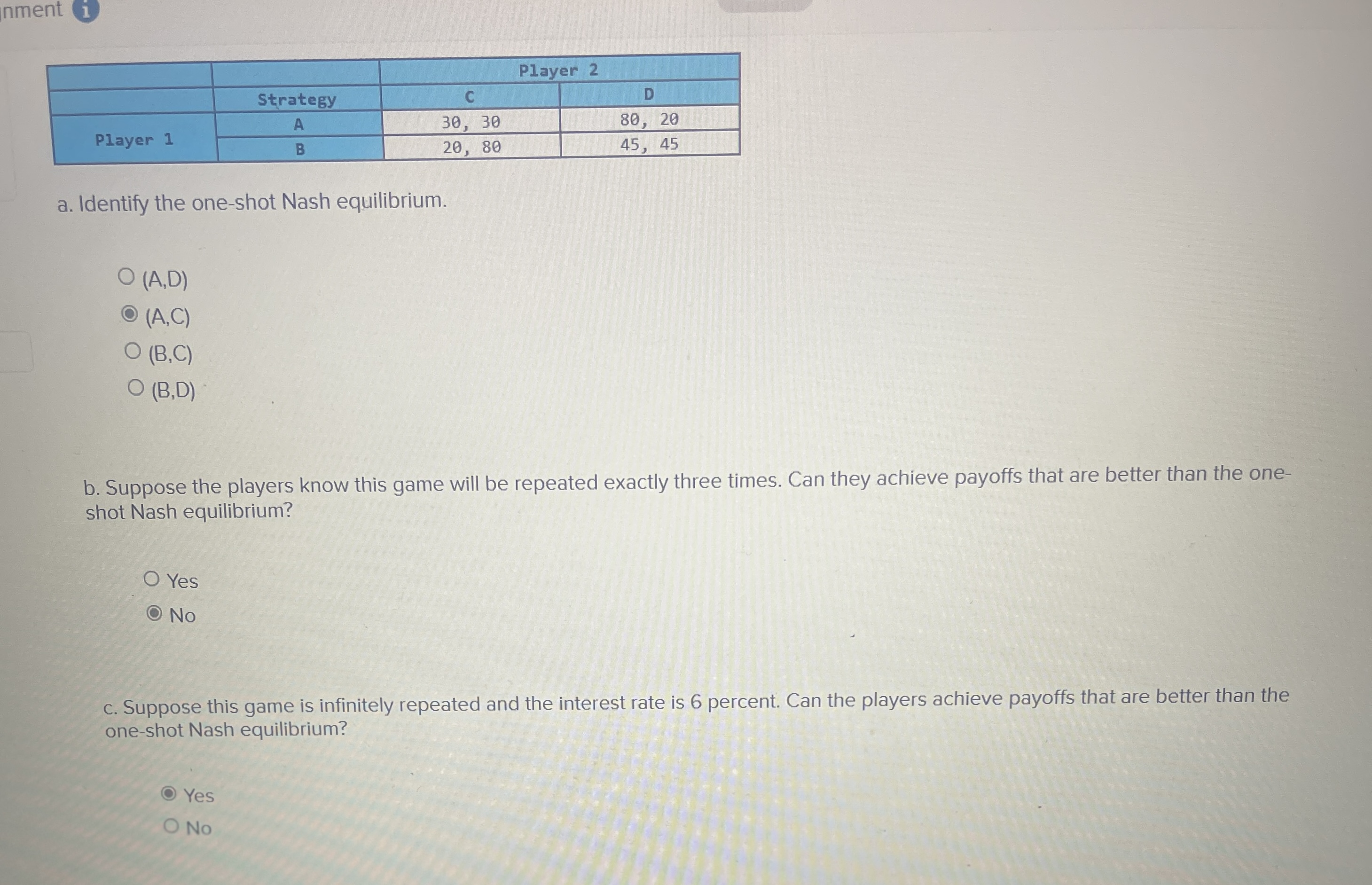 20 Player 1 B 20, 80 45, 45 a. Identify the one-shot