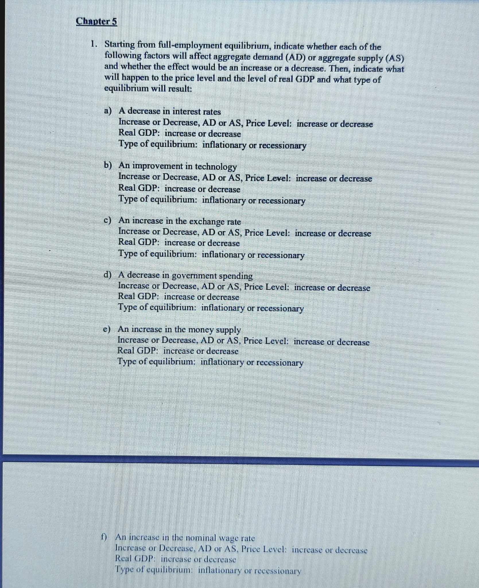 the following factors will affect aggregate demand (AD) or aggregate supply (AS)