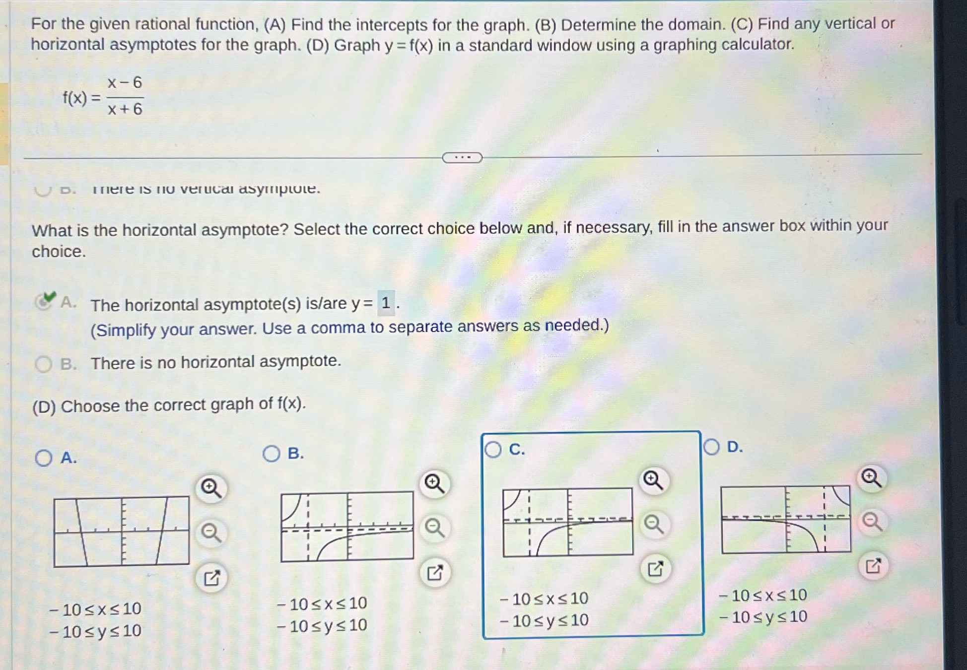 graph. (B) Determine the domain. (C) Find any vertical or horizontal asymptotes