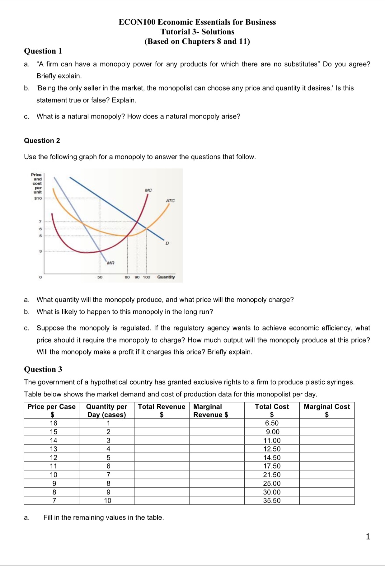 Question 1 ECON100 Economic Essentials for Business Tutorial 3- Solutions (Based