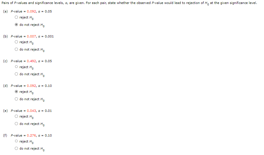 the P-value for each of the following values of the 2 test