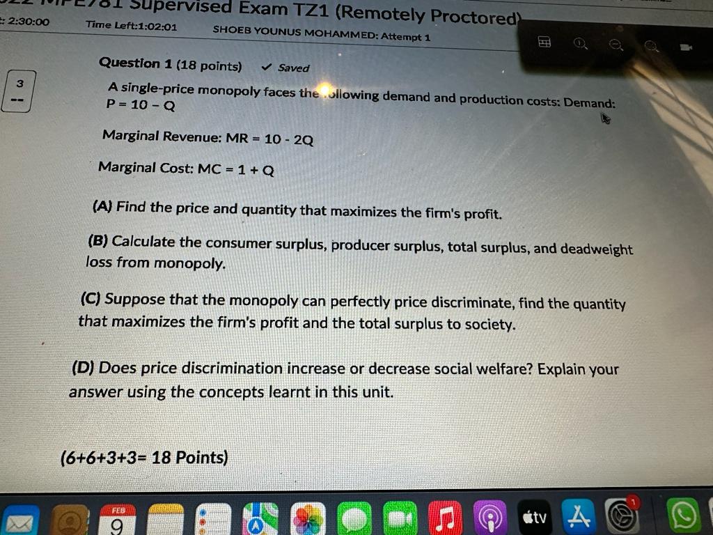  C/01 Supervised Exam TZ1 (Remotely Proctored) : 2:30:00 Time Left:1:02:01 SHOEB