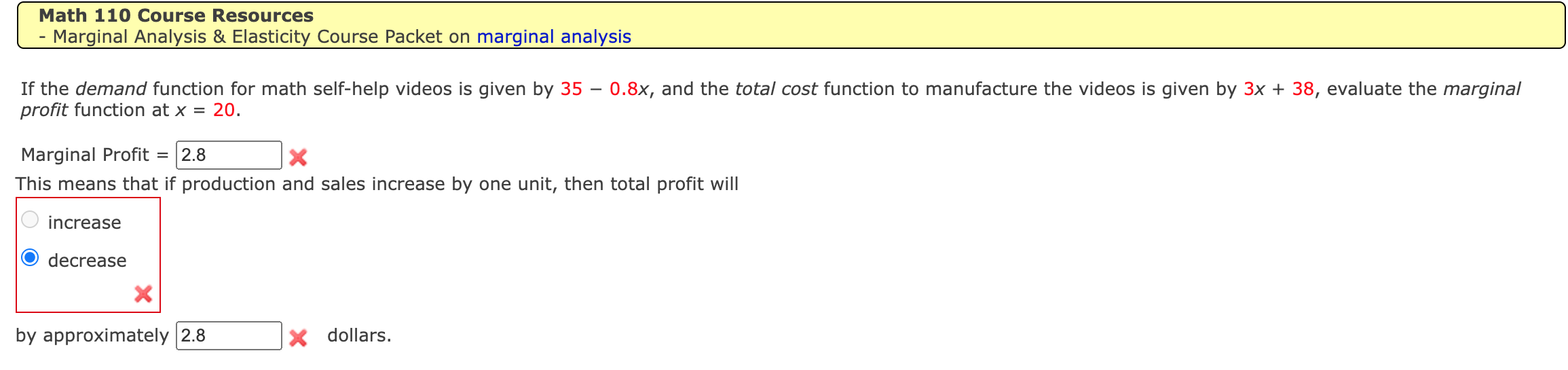  Math 110 Course Resources - Marginal Analysis & Elasticity Course Packet