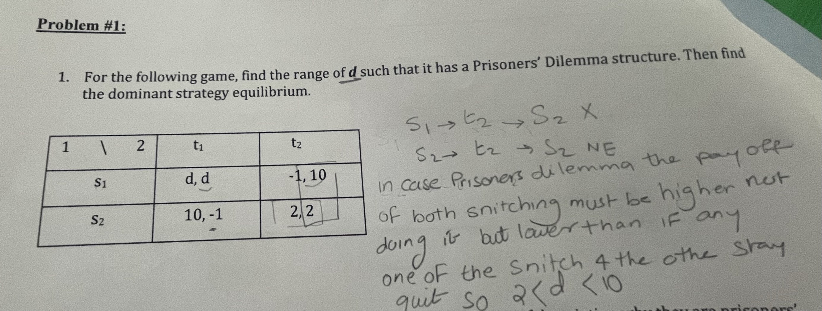 Problem #1: 1. For the following game, find the range of