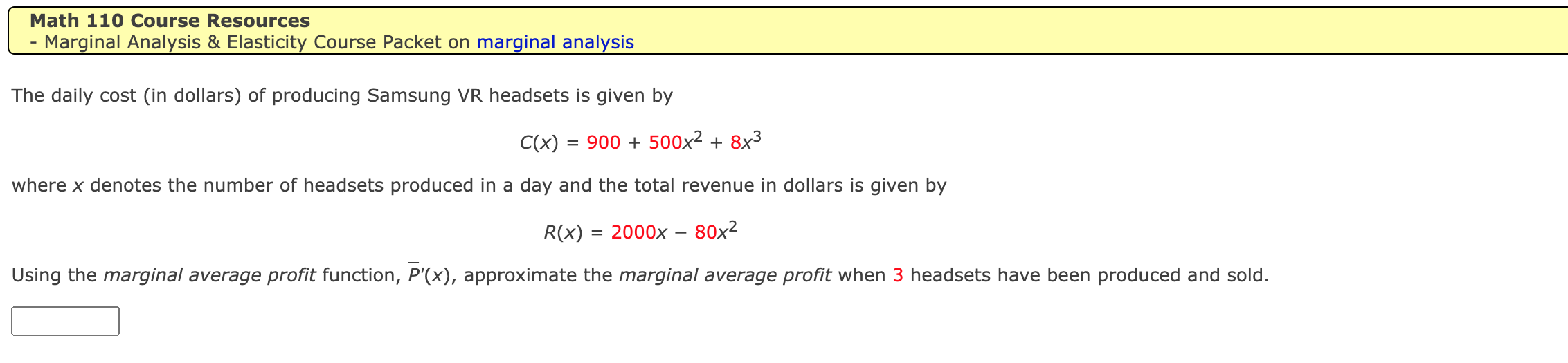 Revenue function, R'(x), approximate the marginal revenue when 10 Math-Hero video games