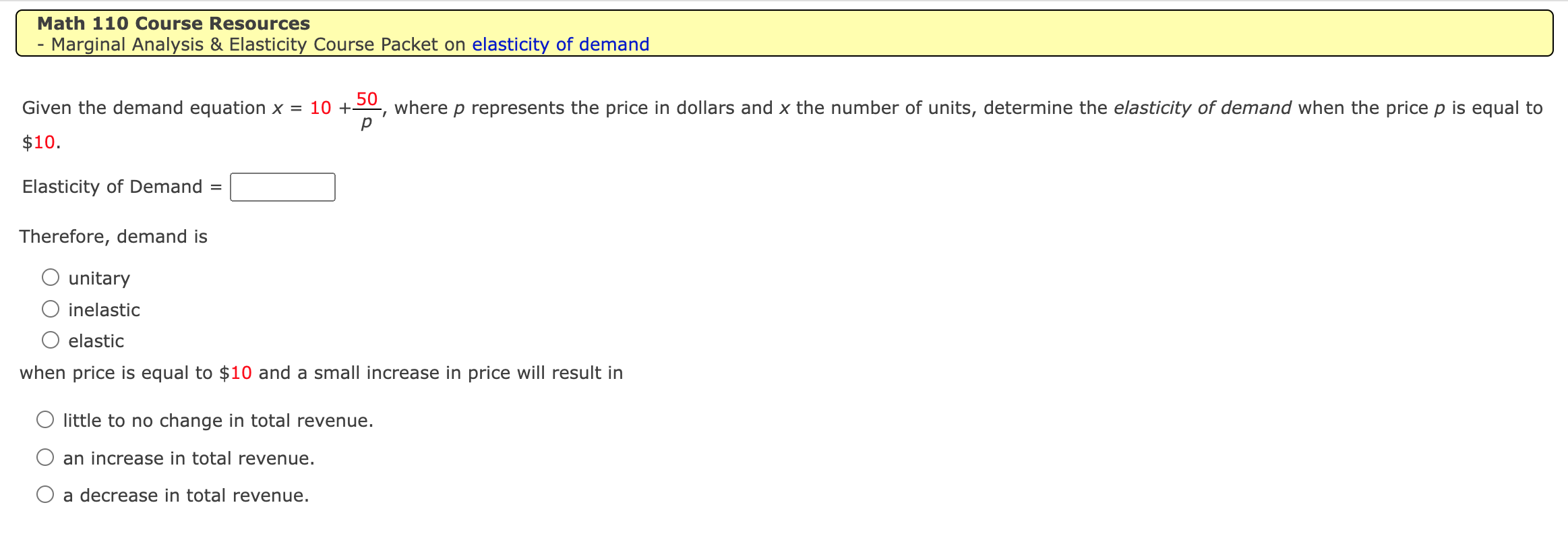 Marginal Analysis & Elasticity Course Packet on marginal analysis The weekly demand