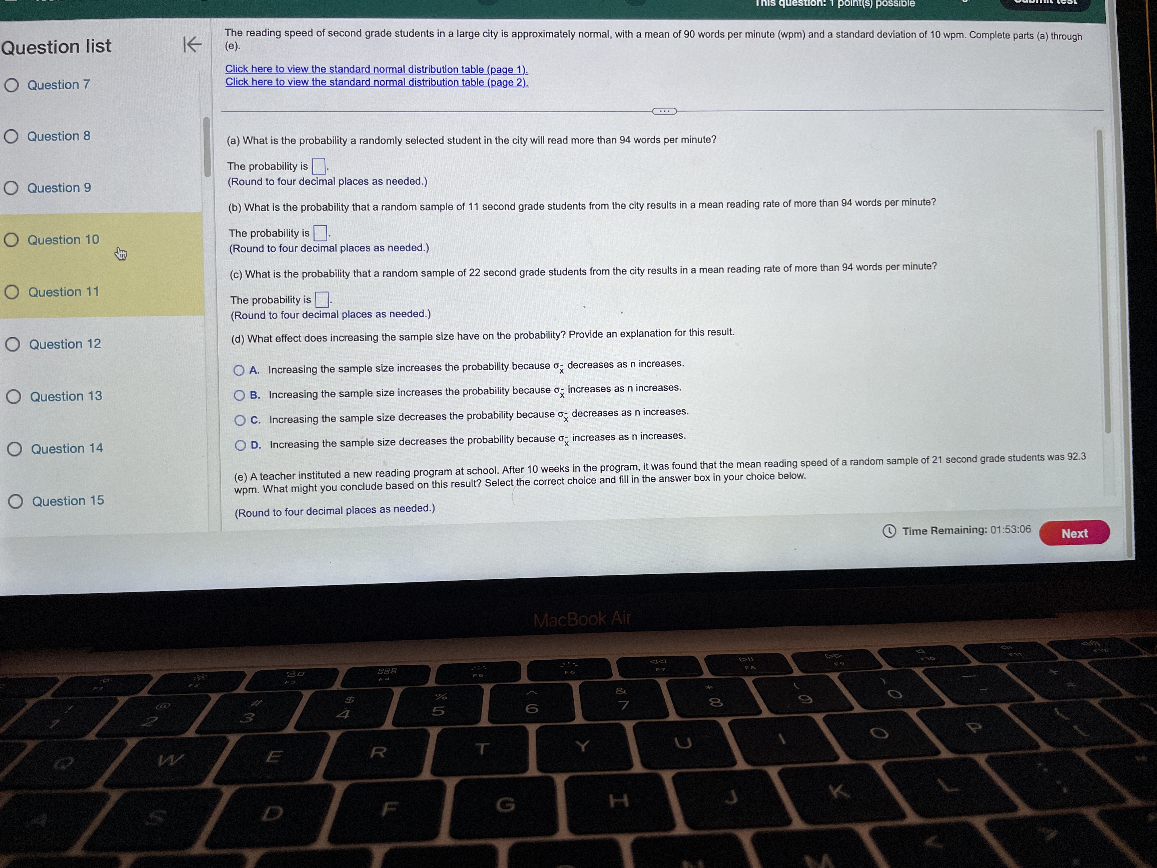 parts (a) through Question 7 Click here to view the standard normal