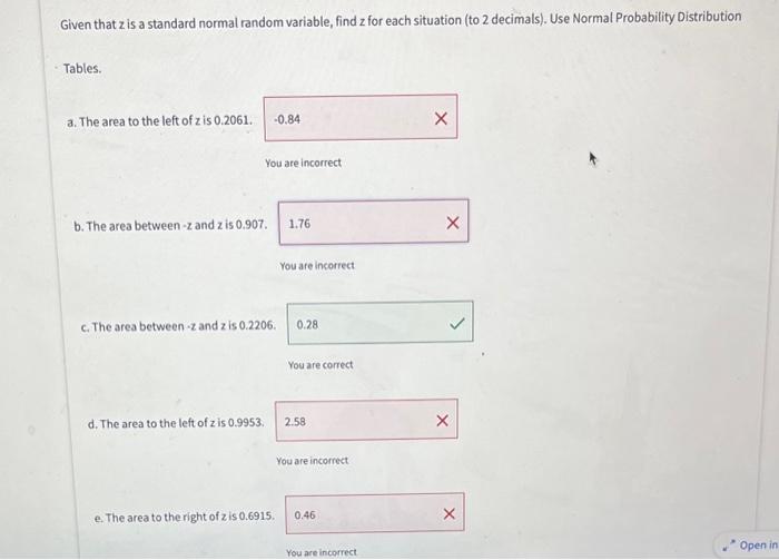  Given that z is a standard normal random variable, find z