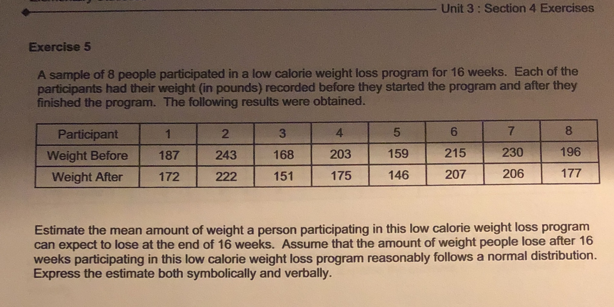 8 people participated in a low calorie weight loss program for 16