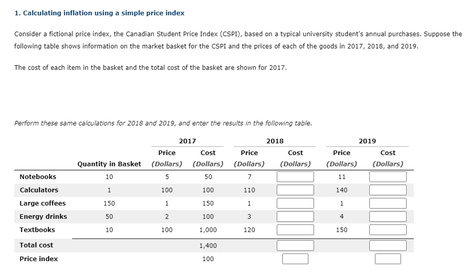 1. Calculating inflation using a simple price index Consider a fictional