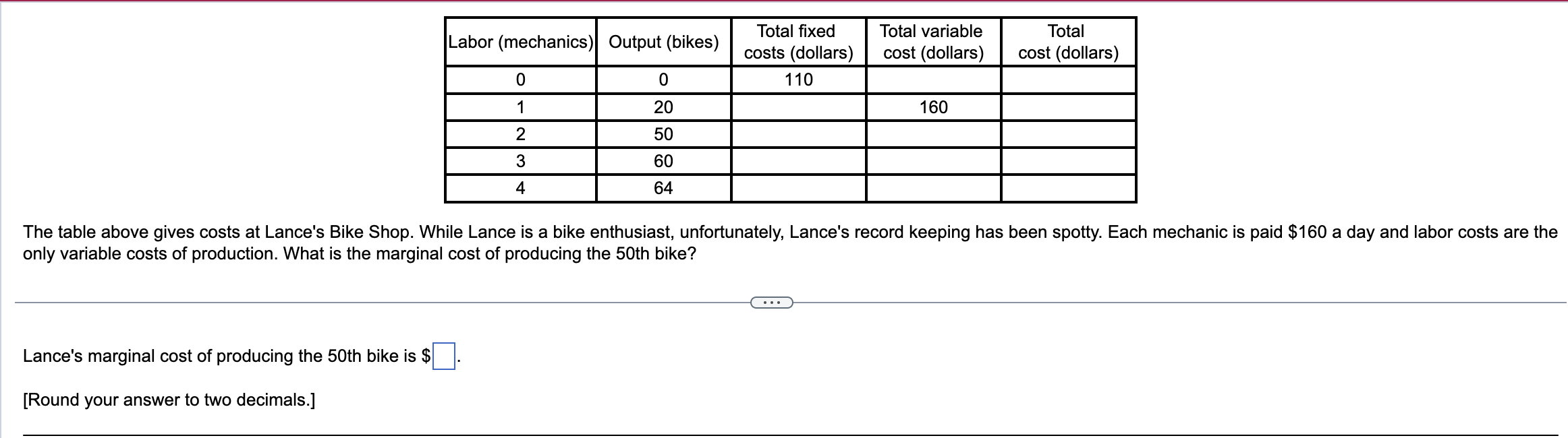  . . Total xed Total variable Total Labor (mechanics) Output (bikes)