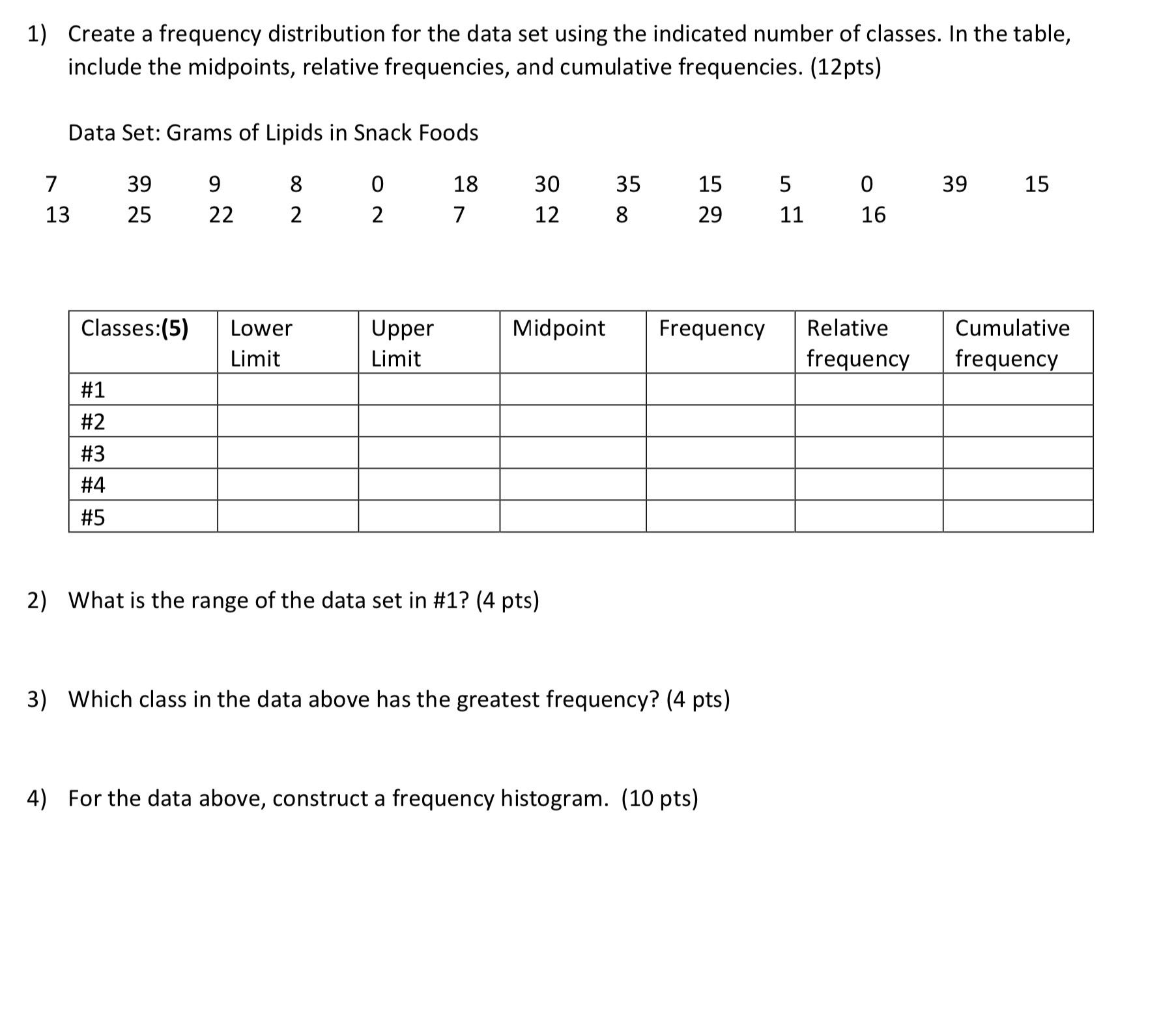 indicated number of classes. In the table, include the midpoints, relative frequencies,
