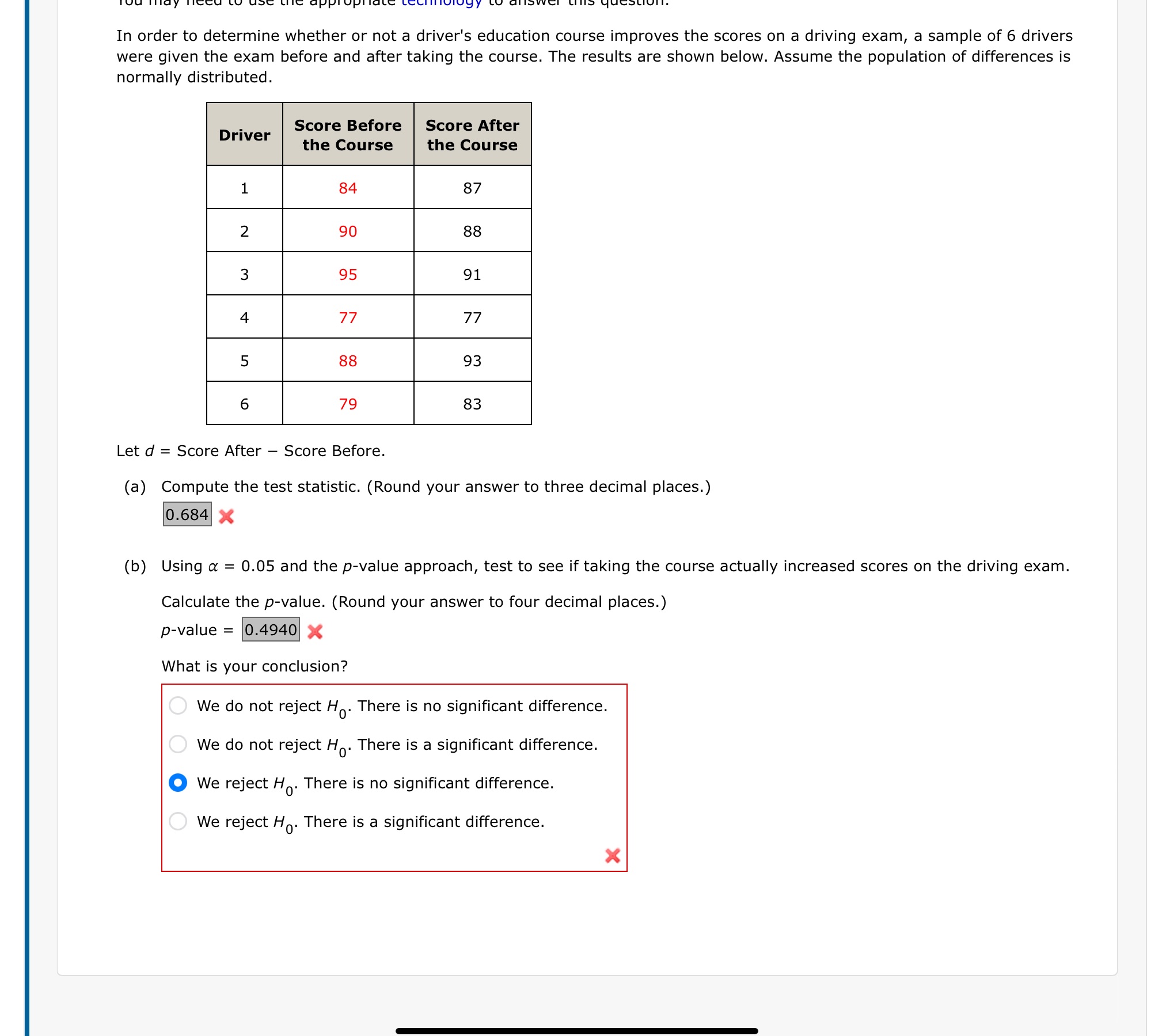 whether or not a driver's education course improves the scores on a