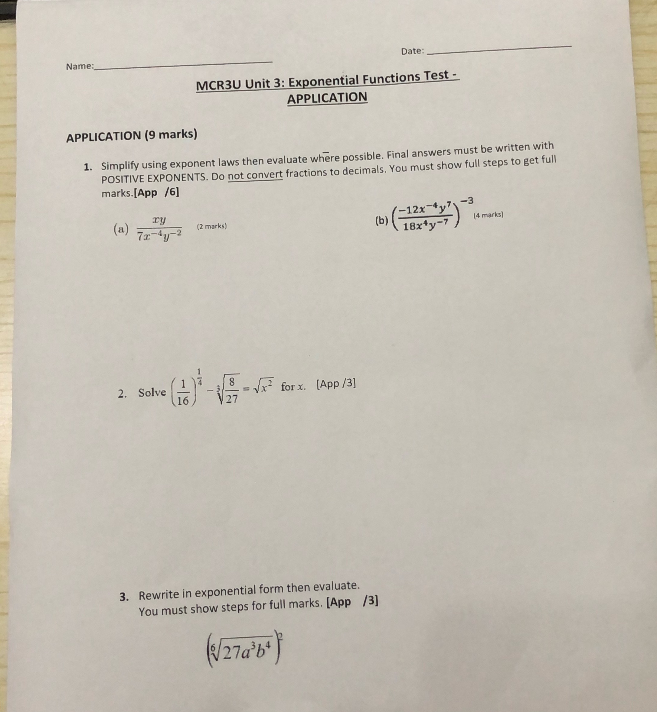(9 marks) 1. Simplify using exponent laws then evaluate where possible. Final