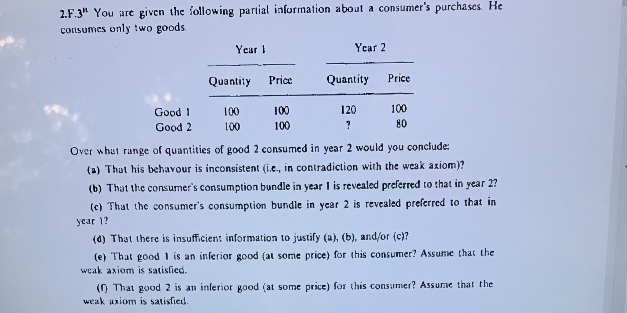 purchases. He consumes only two goods. Year 1 Year 2 Quantity Price