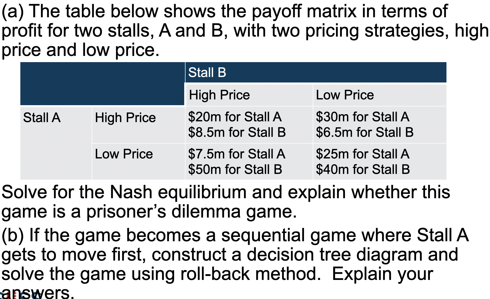 (a) The table below shows the payoff matrix in terms of