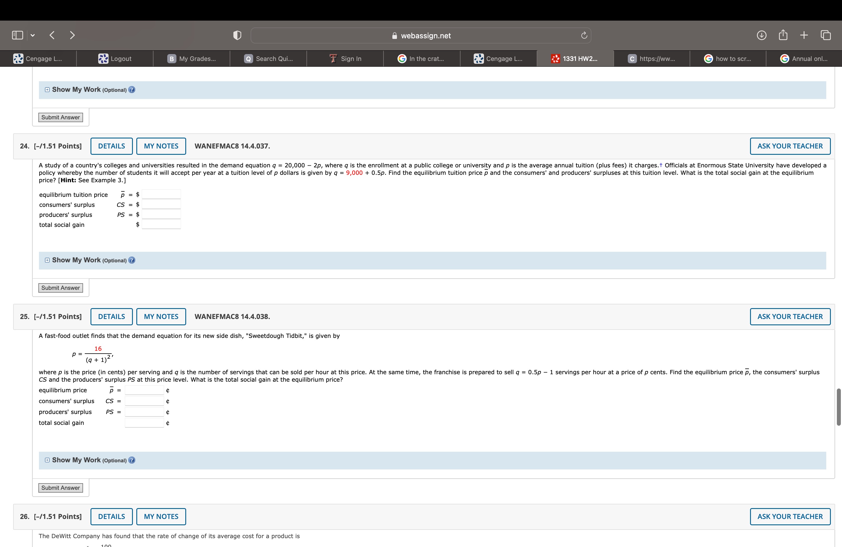YOUR TEACHER Calculate the producers' surplus for the supply equation at the