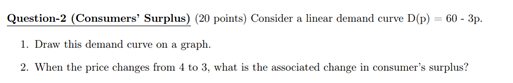  Question-2 (Consumers' Surplus) (20 points) Consider a linear demand curve D(p)