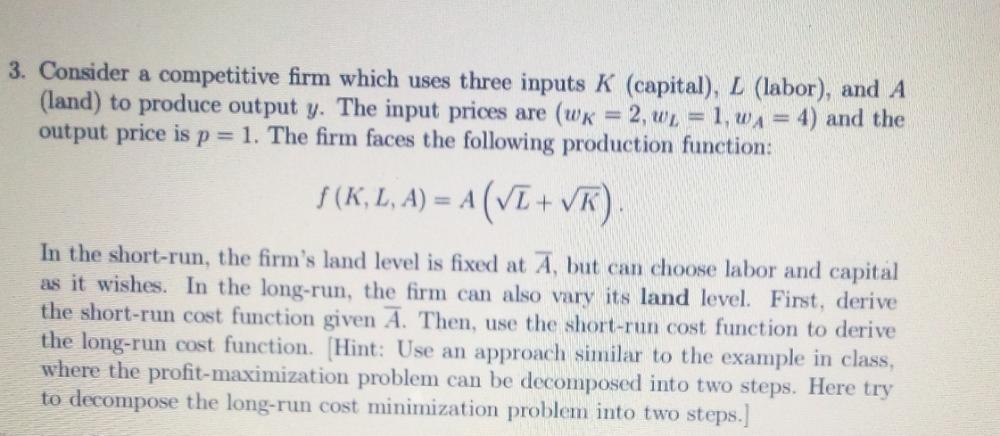 the following production function: F(K,L) = 15K^3/5L^2/5 (a) For now assume flexible
