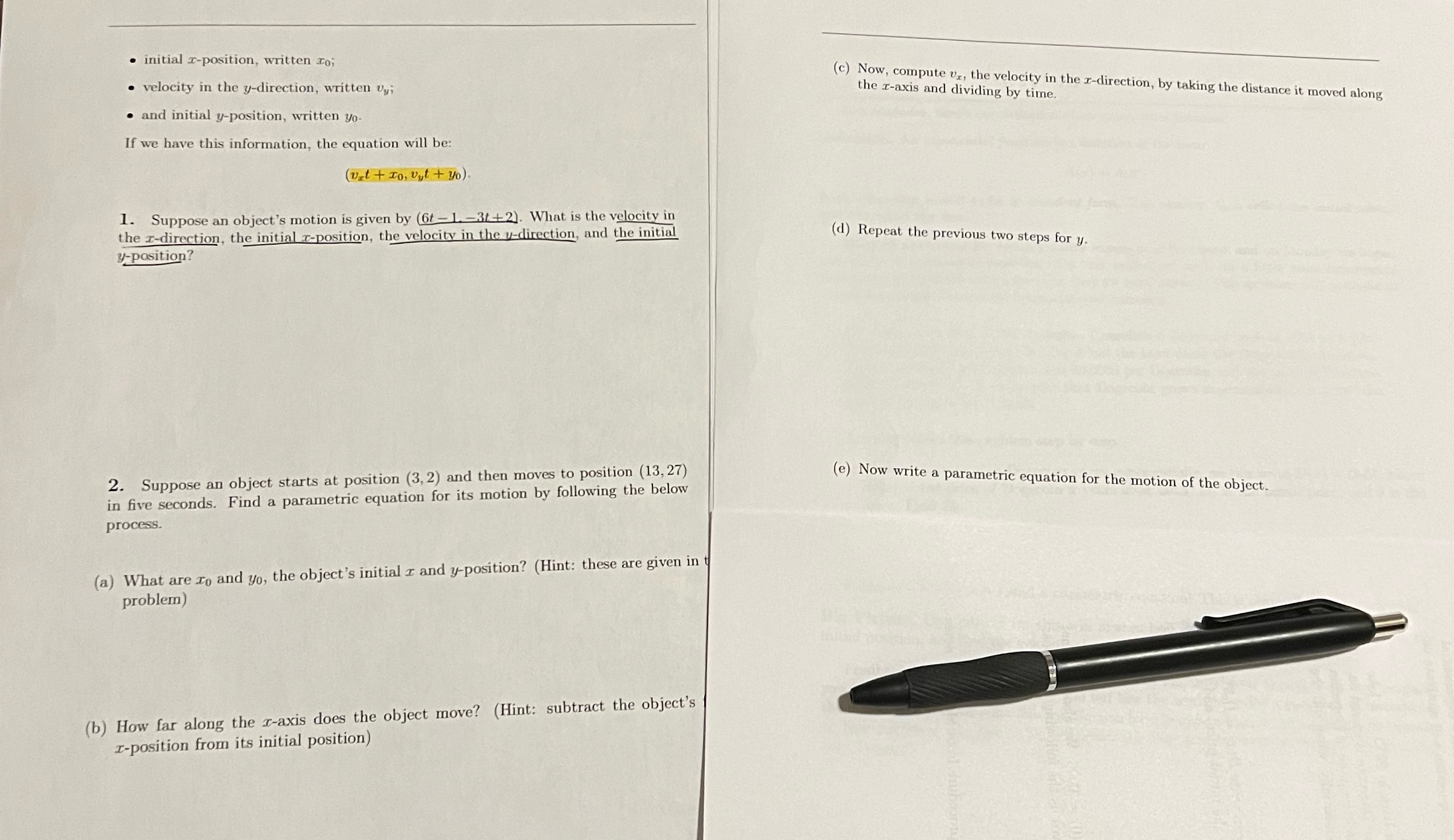 HELP! Pre-Calc HW . initial r-position, written to; . velocity in
