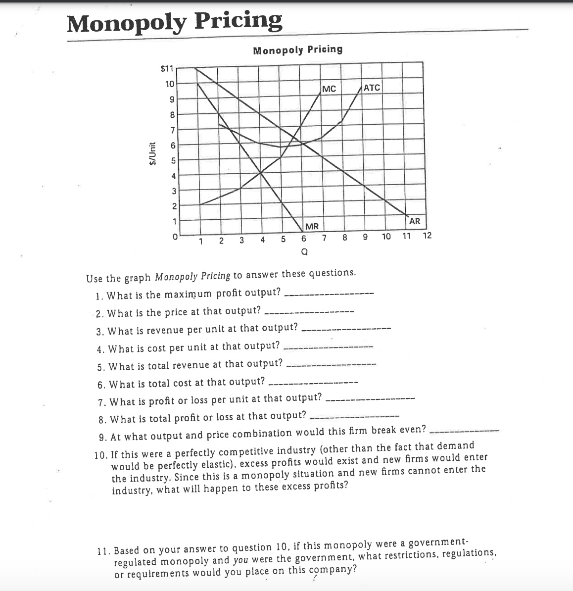  Monopoly Pricing / Monopoly Pricing SlUnil Use the graph Monopoly Pricing