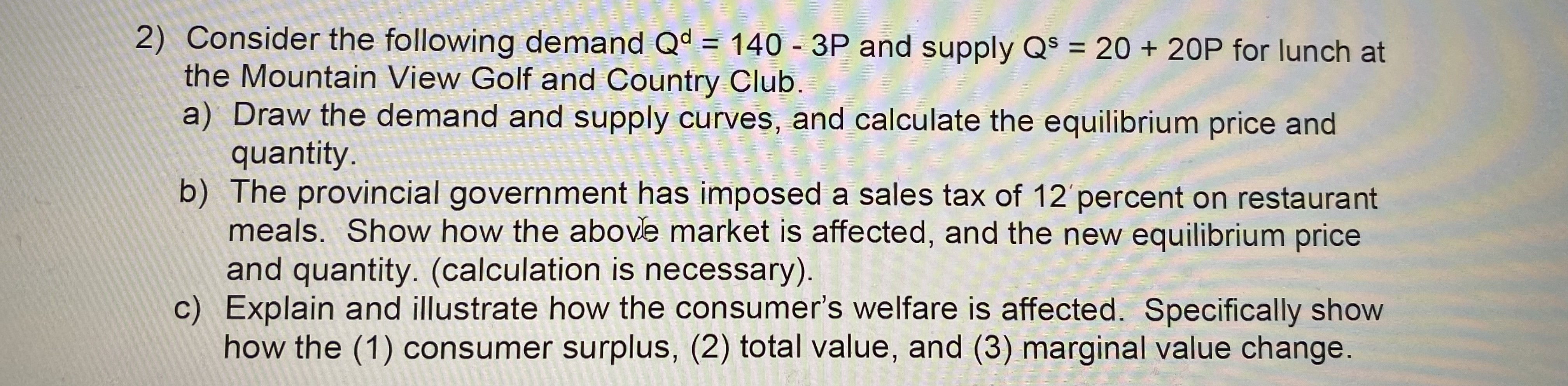 2) Consider the following demand Qd = 140 - 3P and