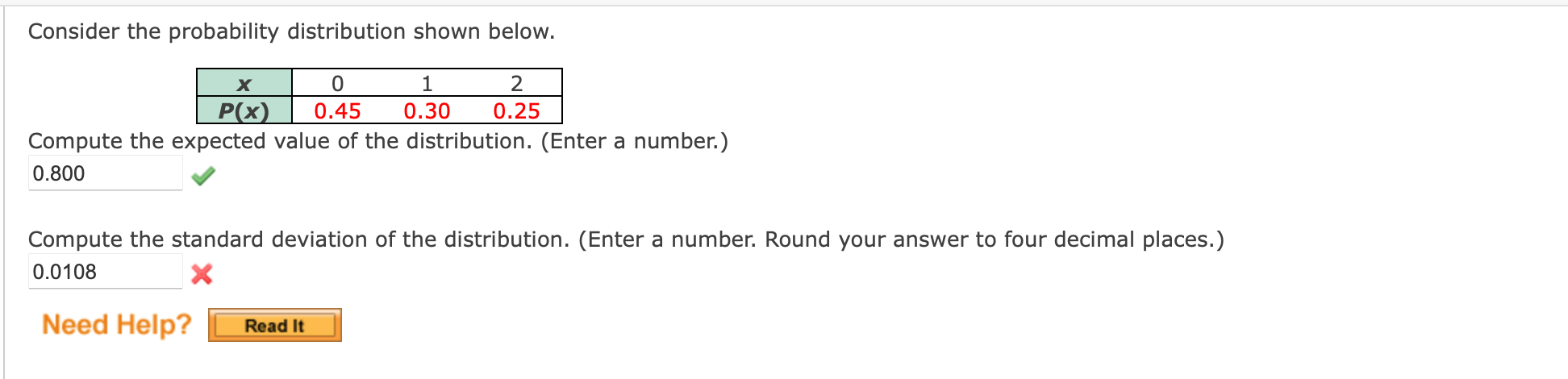0.45 0.30 0.25 Compute the expected value of the distribution. (Enter a