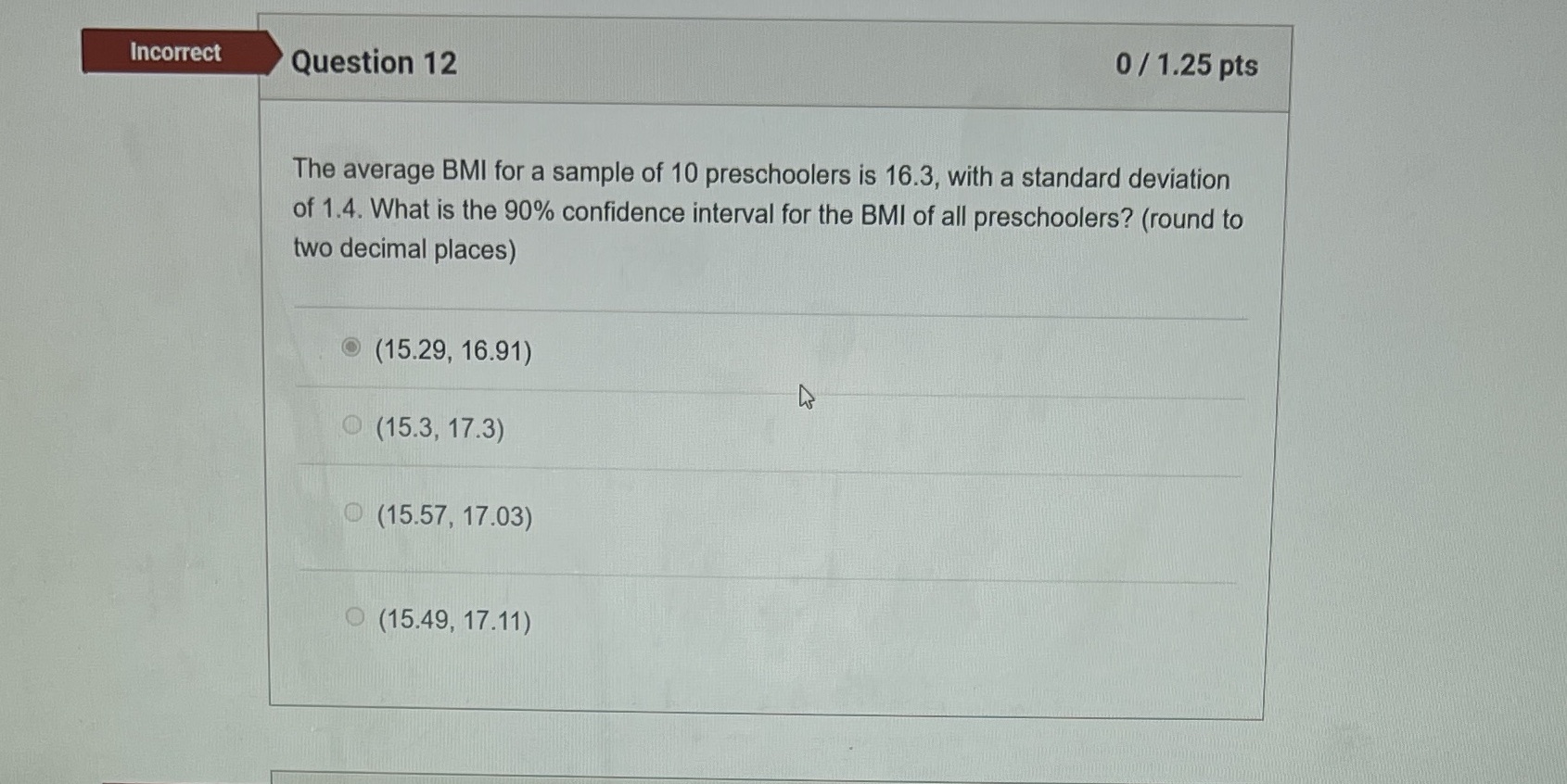 BMI for a sample of 10 preschoolers is 16.3, with a standard