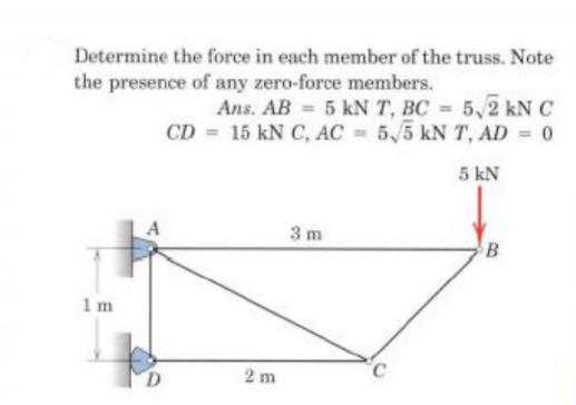Determine the force in each member of the truss. Note the presence