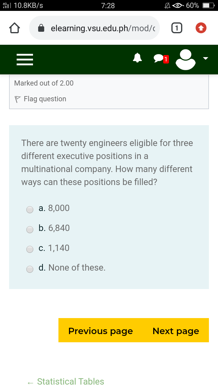 O True O False Previous page Next page - Statistical Tables# 1