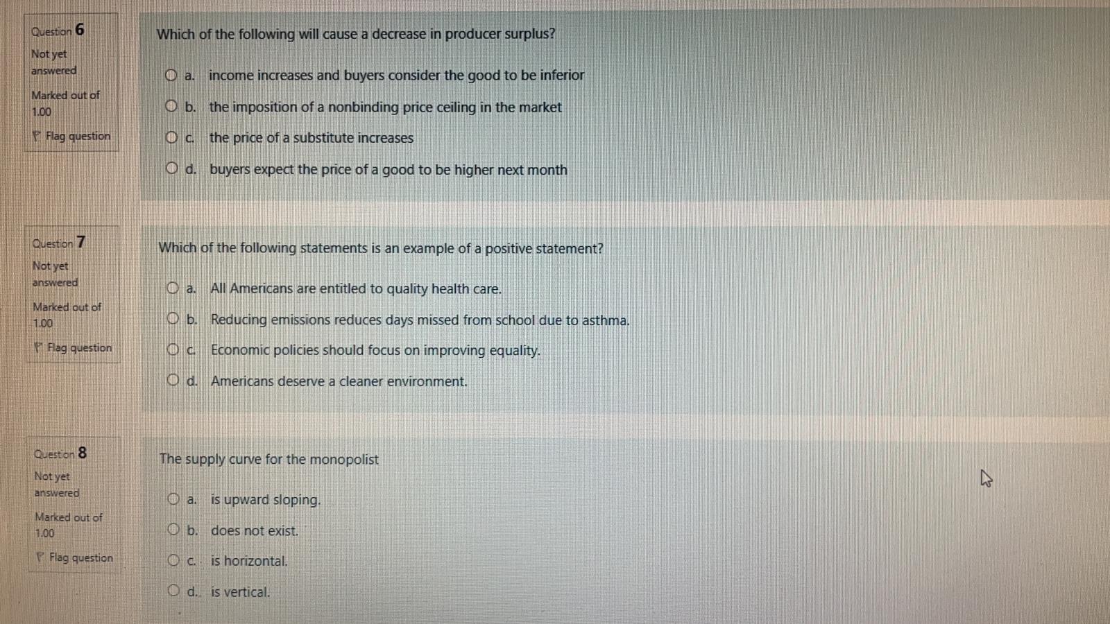 the following will cause a decrease in producer surplus? Not yet answered