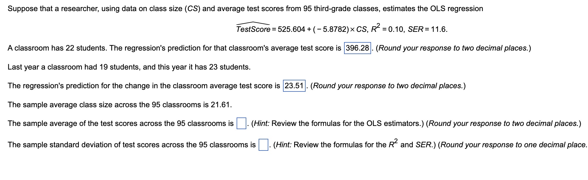 average test scores from 95 thirdgrade classes, estimates the OLS regression A