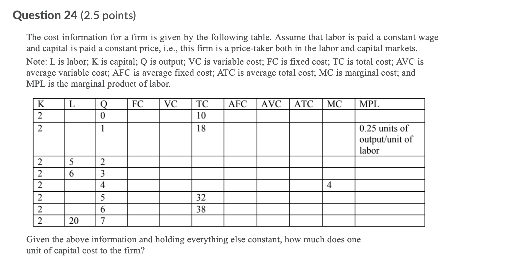 time period is described by: O The marginal product. O The average