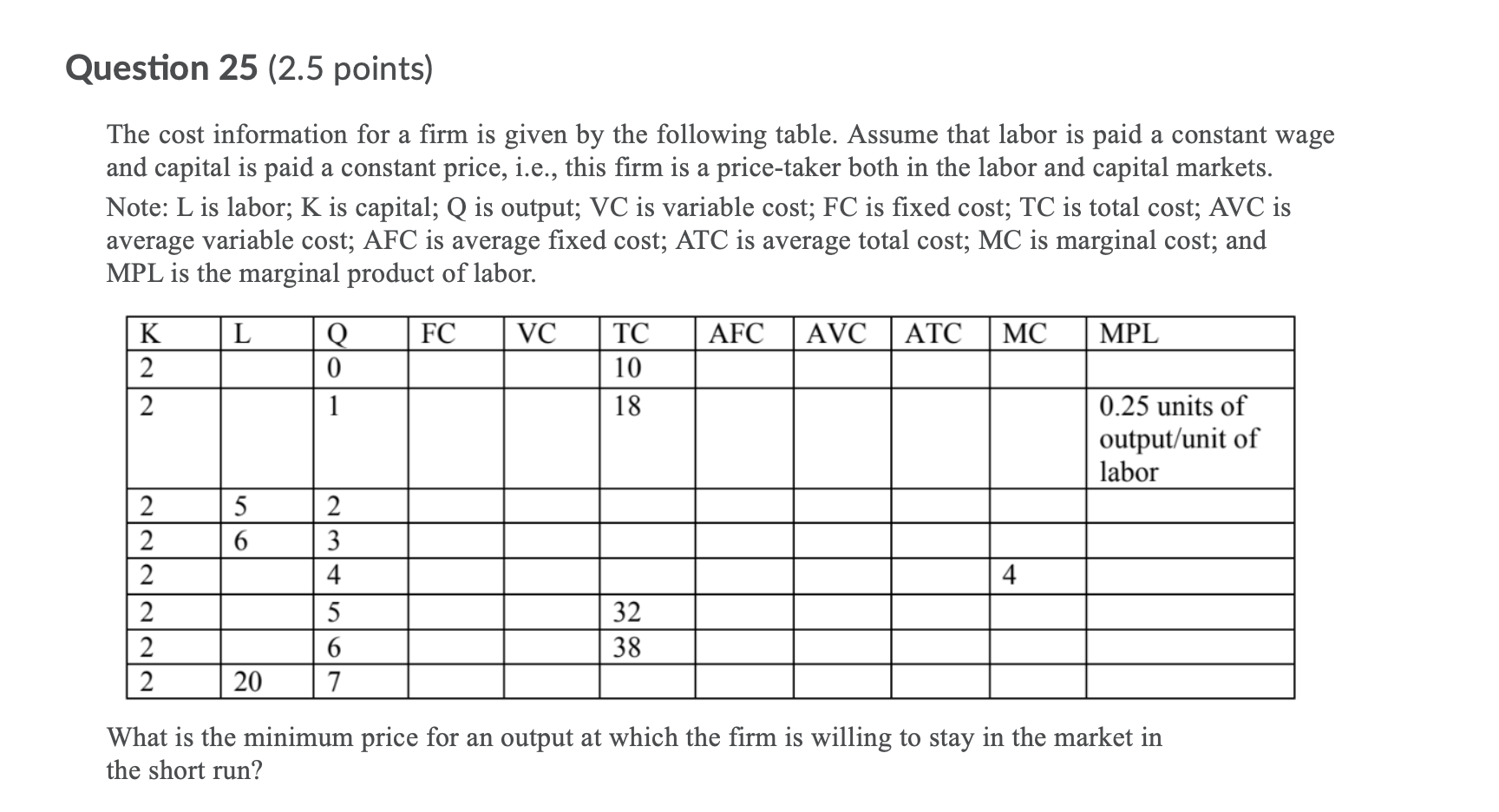 returns. Question 24 (2.5 points) The cost information for a firm is