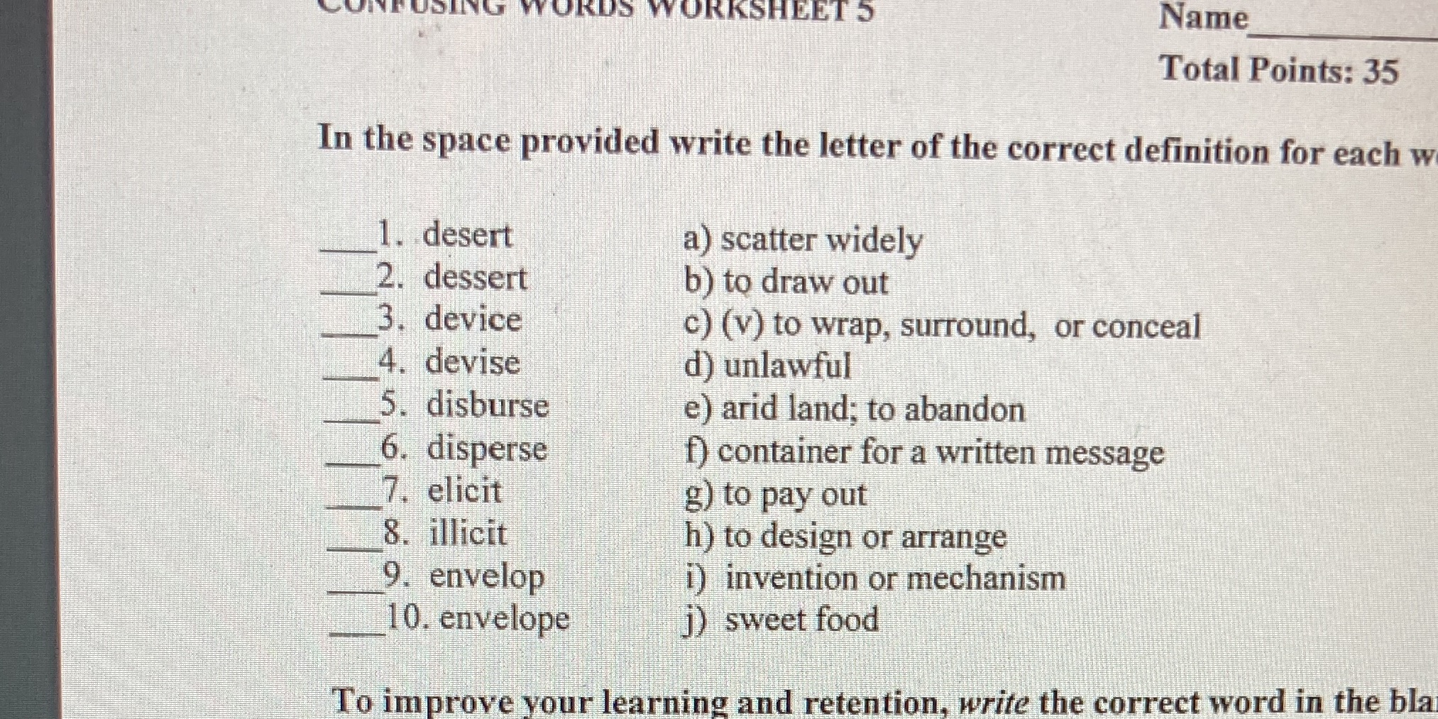 provided write the letter of the correct definition for each w 1.