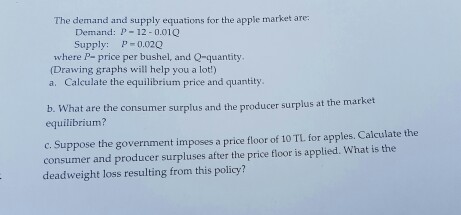 Please solve The demand and supply equations for the apple market