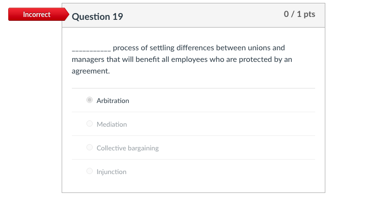 O Grievance arbitration O Agreement managementIncorrect Question 12 Of 1 pts The