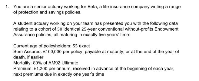  1. You are a senior actuary working for Beta, a life