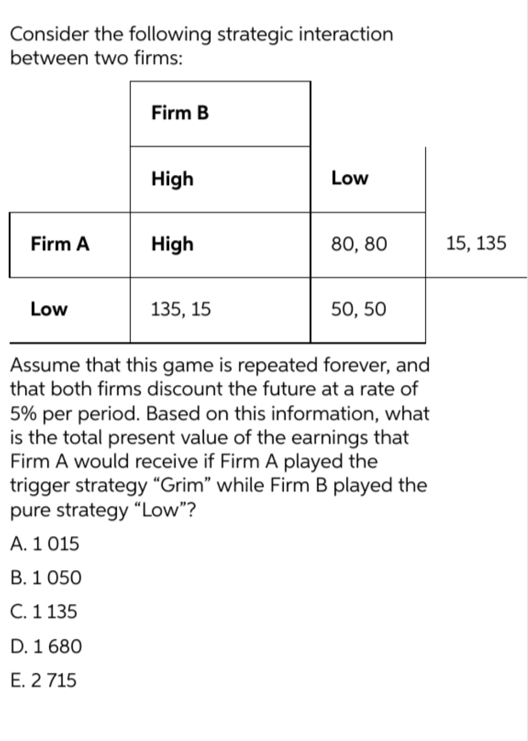  please answer Consider the following strategic interaction between two firms: Assume