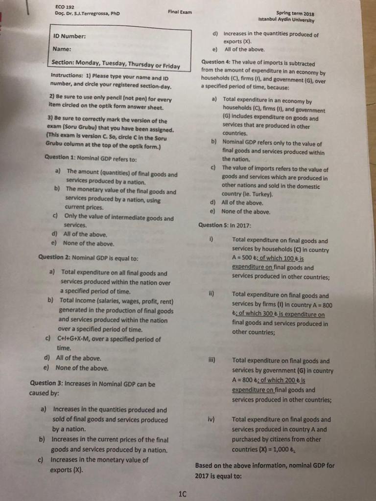 ECO 192 Spring term 2018 Doc. Dr. 5J.Terregrossa, PhD Final Exam