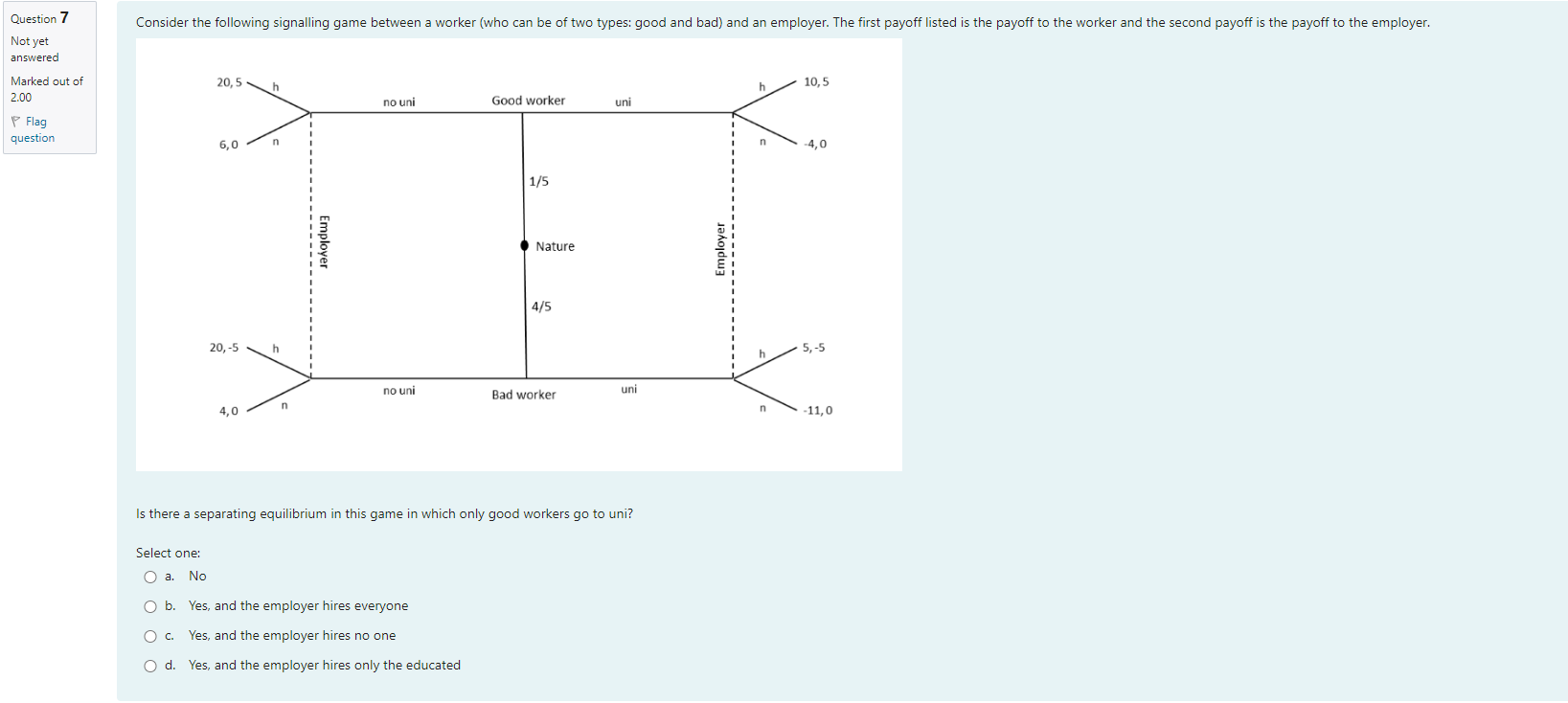  Question 7 Consider the following signalling game between a worker (who